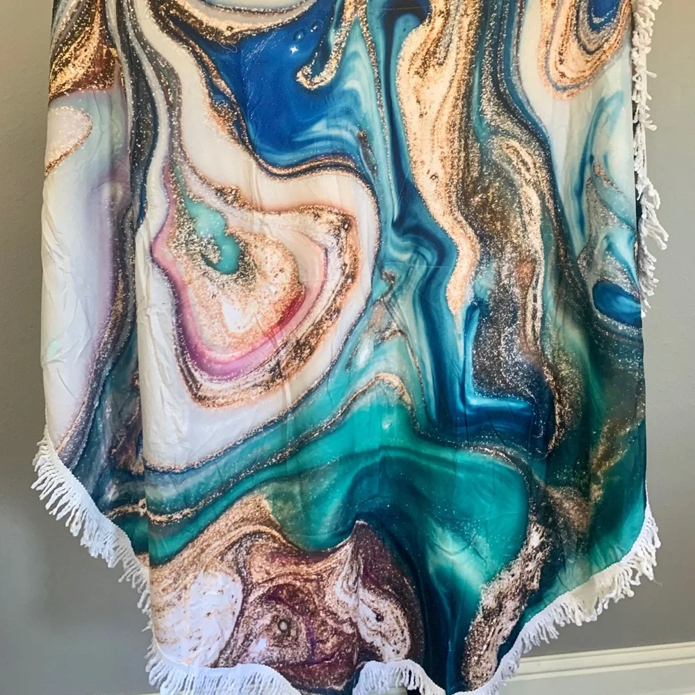 Goddess Teal, Blue & Gold Marble Round Beach Towel